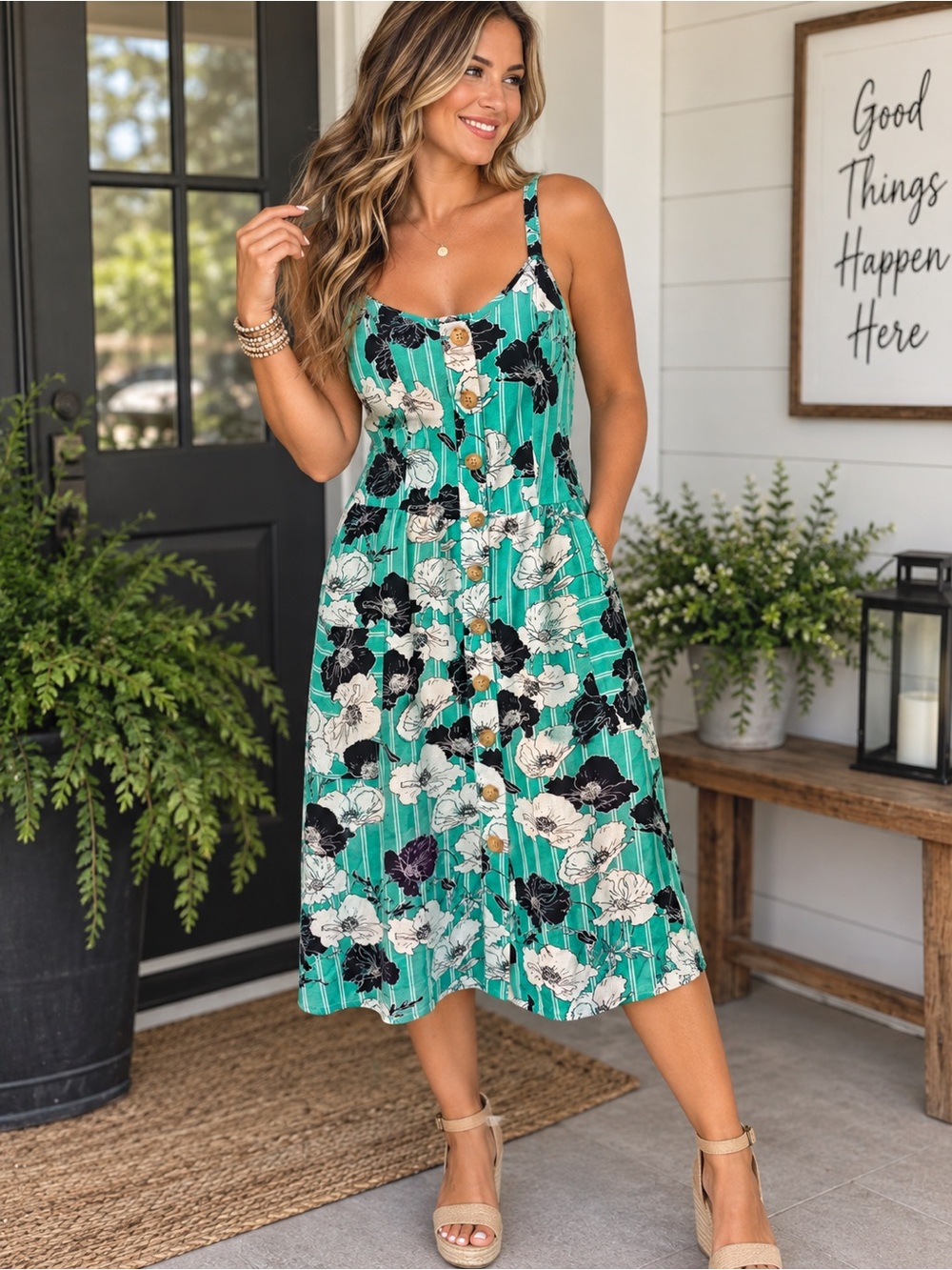 Mlle Gabrielle Floral Striped Button Front Midi Dress Green Garden Party Sz S